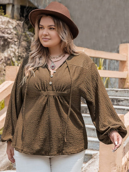 Plus Tie Neck Long Sleeve Blouse