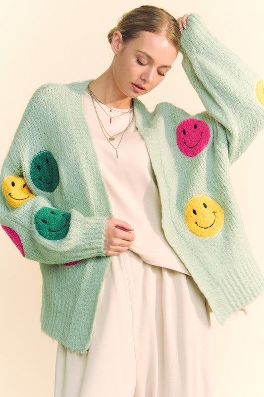 Fuzzy Smile Open Front Long Sleeve Cardigan