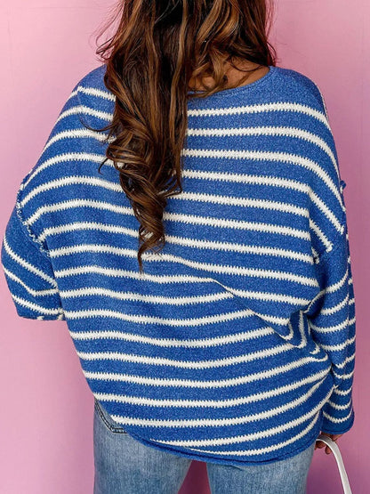 Plus Striped Round Neck Dropped Shoulder Sweater