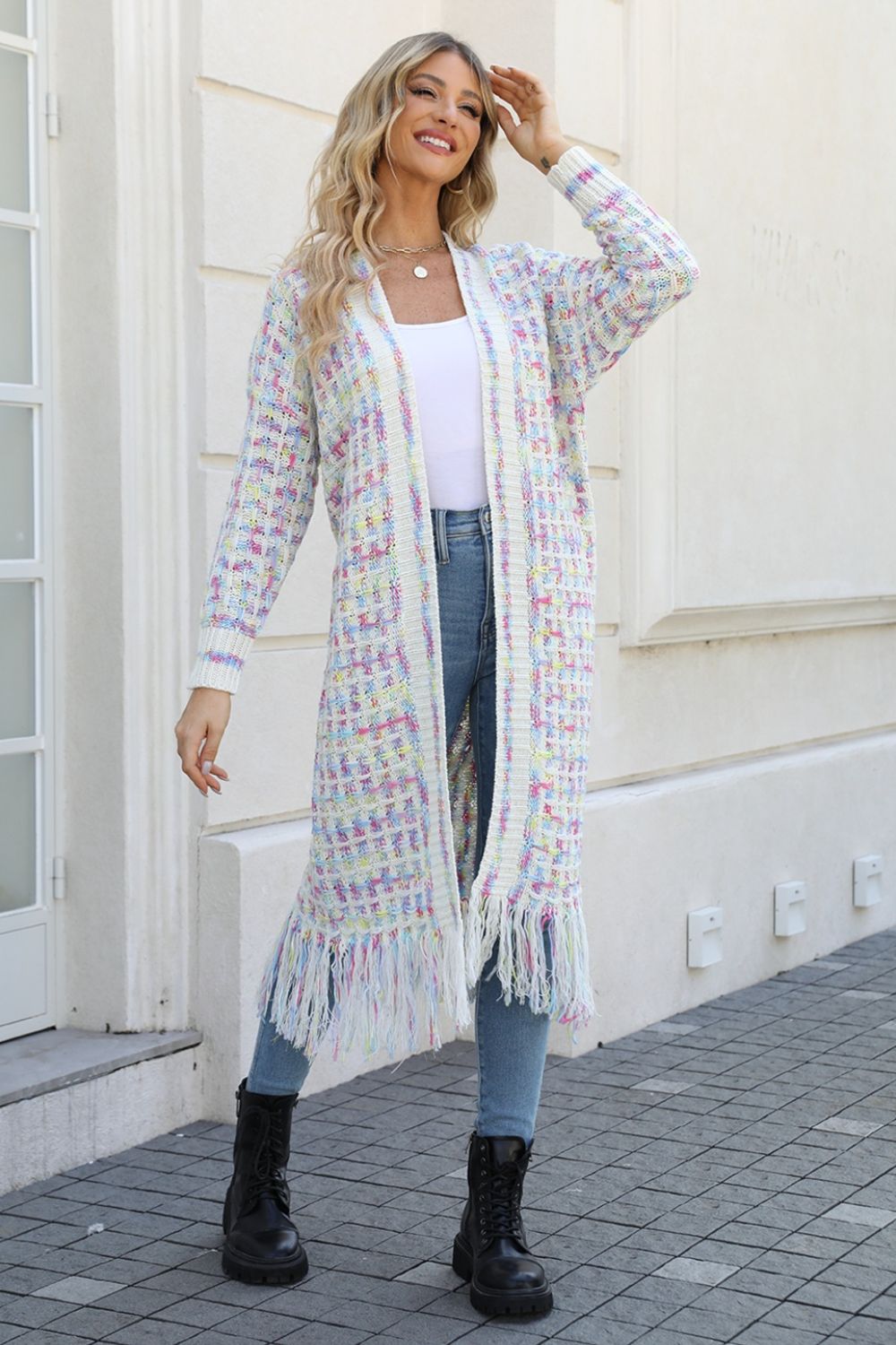 Multicolor Open Front Fringe Hem Cardigan