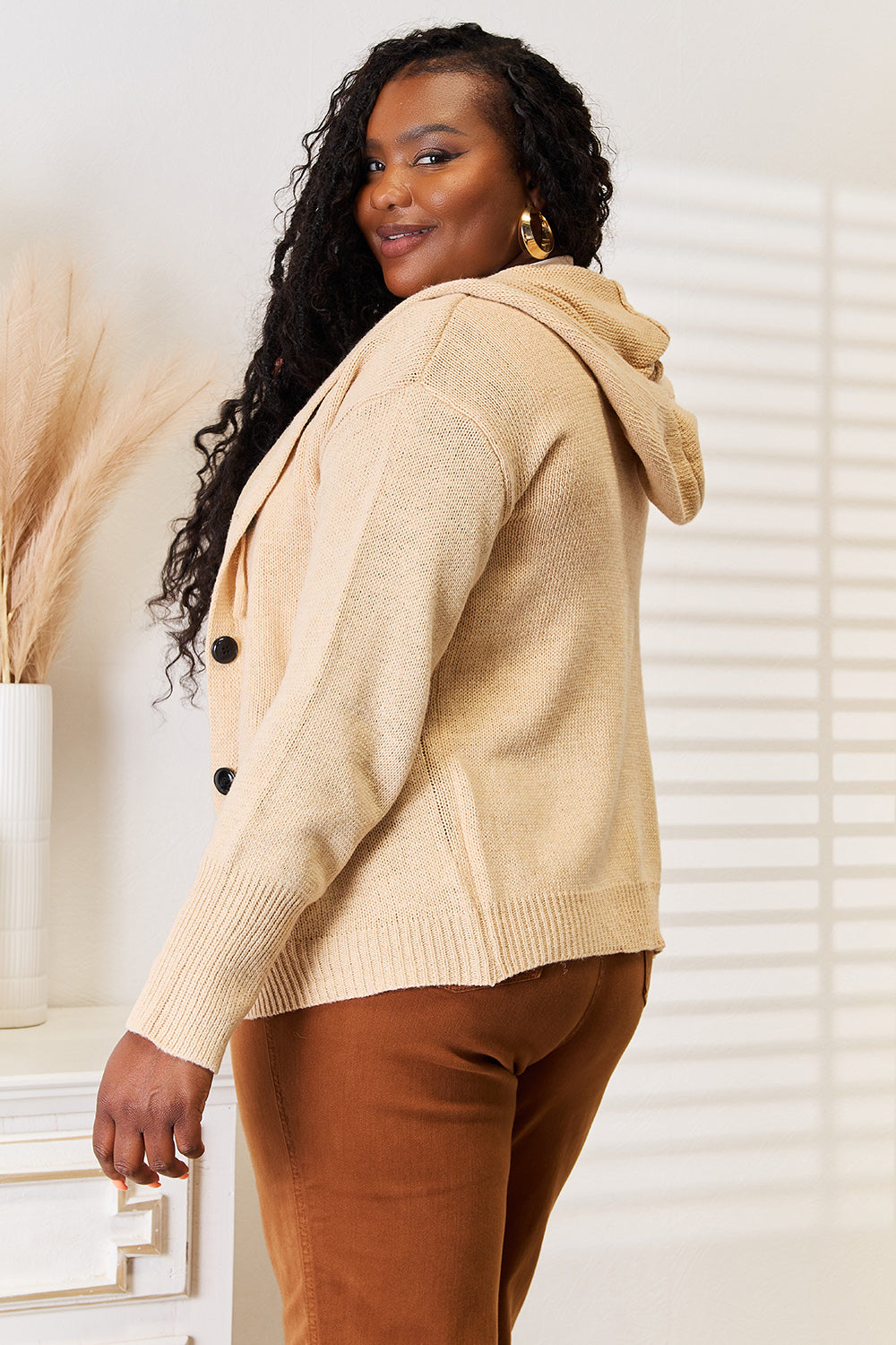 Button-Down Long Sleeve Hooded Sweater