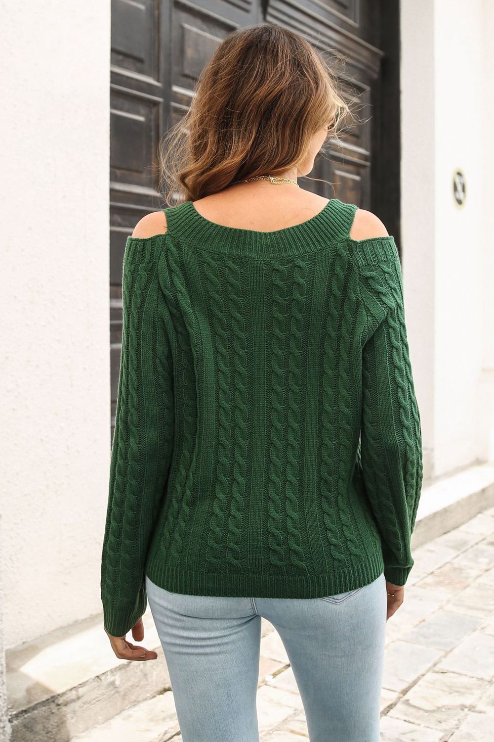 Cold Shoulder V-Neck Cable-Knit Pullover Sweater