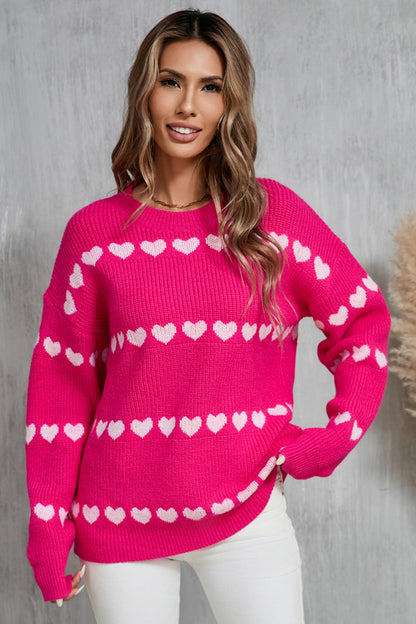 Heart Round Neck Long Sleeve Sweater