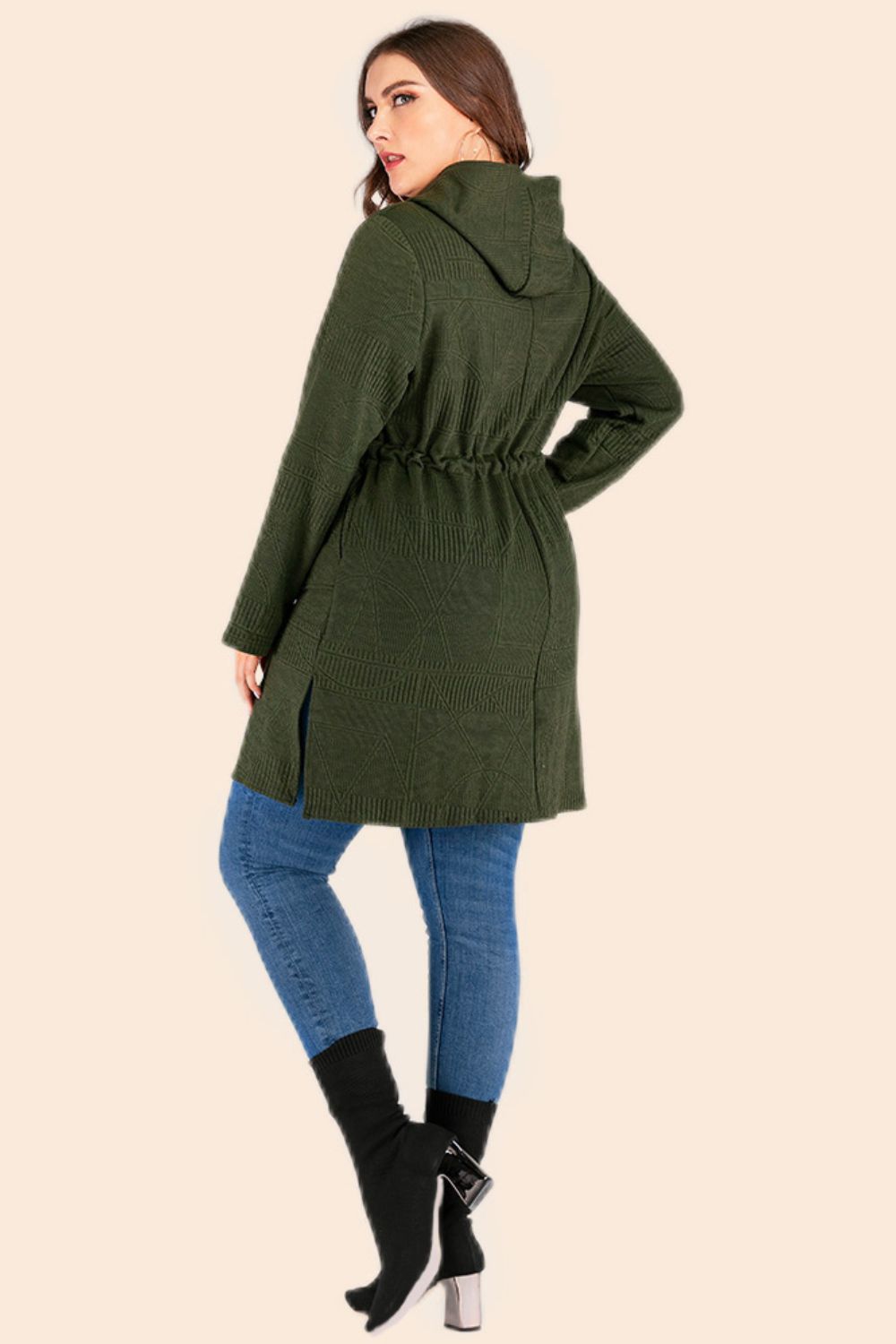 Plus Drawstring Waist Hooded Cardigan with Pockets