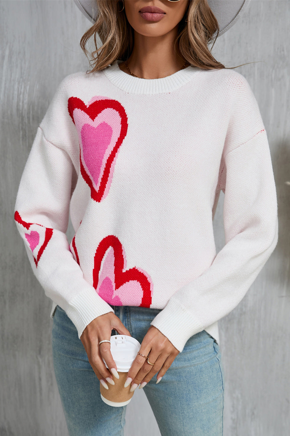 Heart Round Neck Long Sleeve Sweater