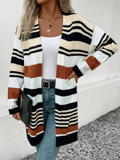 Striped Open Front Drop Shoulder Cardigan