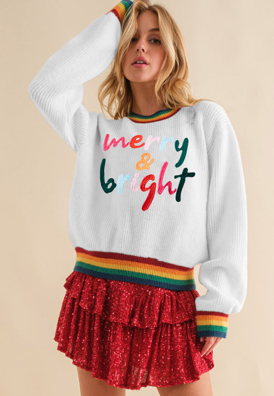 Merry & Bright Christmas Ribbed Round Neck Sweater