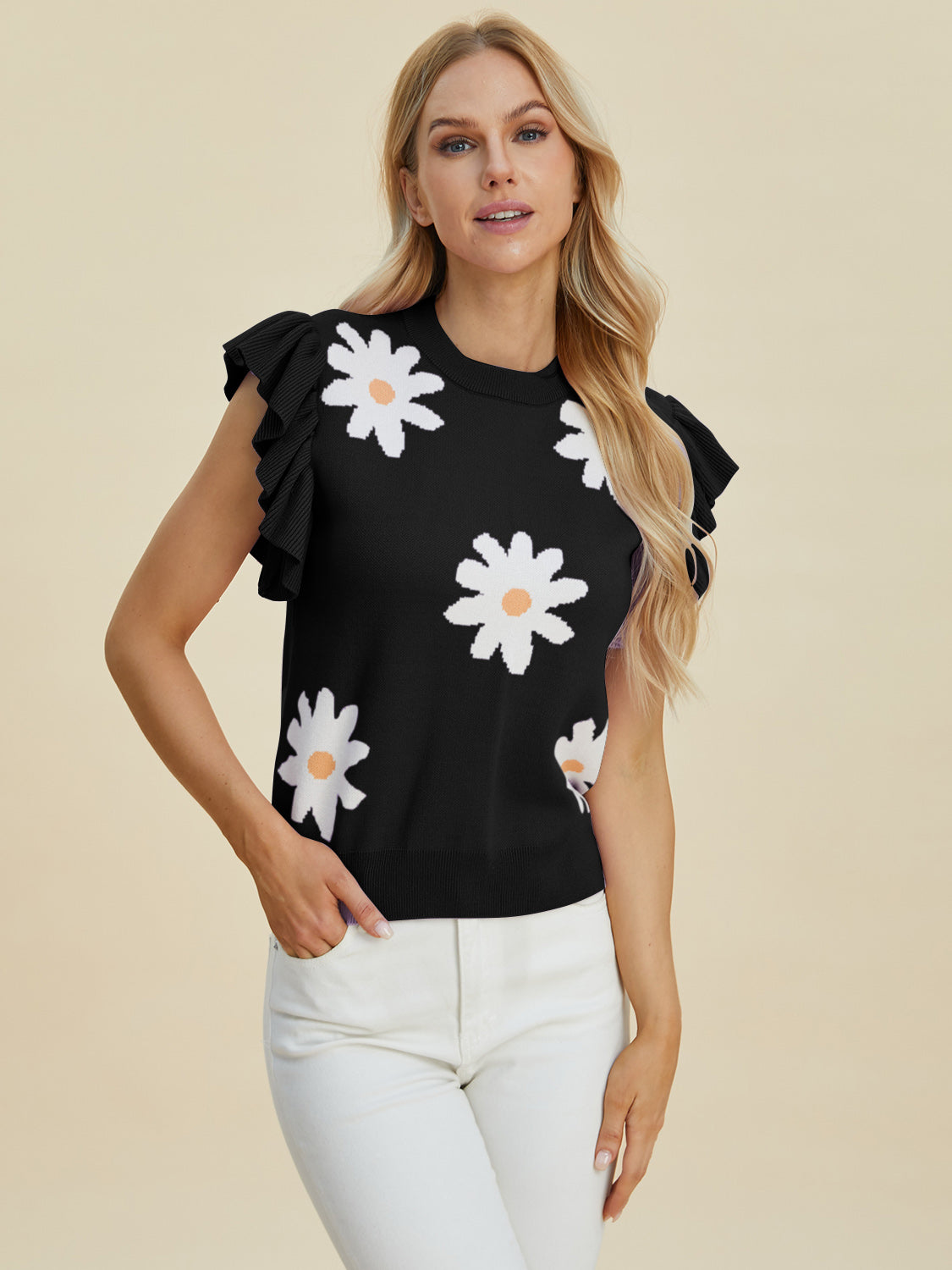 Ruffled Flower Round Neck Cap Sleeve Sweater