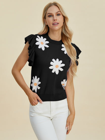 Ruffled Flower Round Neck Cap Sleeve Sweater