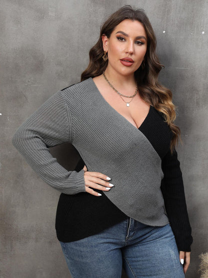 Plus Two-Tone Surplice Neck Sweater