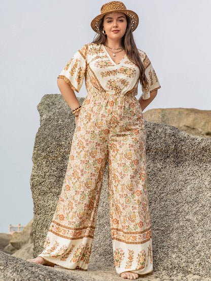 Plus V-Neck Flutter Sleeve Wide Leg Jumpsuit