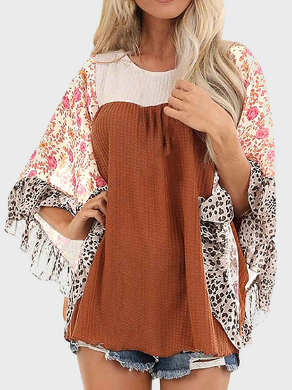 Print Round Neck Three-Quarter Sleeve Blouse