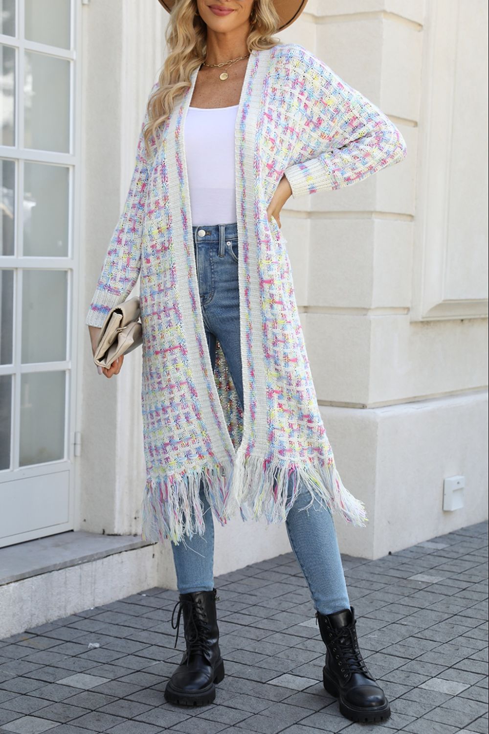 Multicolor Open Front Fringe Hem Cardigan