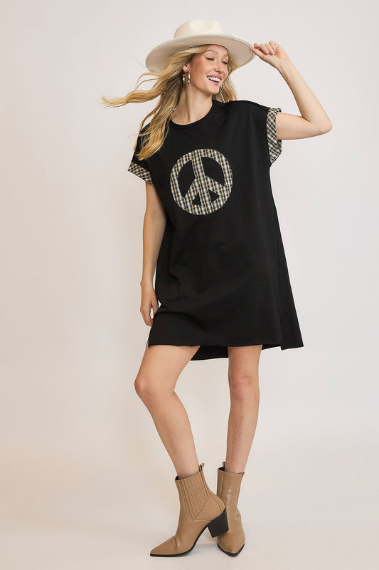 Peace Plaid Applique Short Sleeve Mini Dress