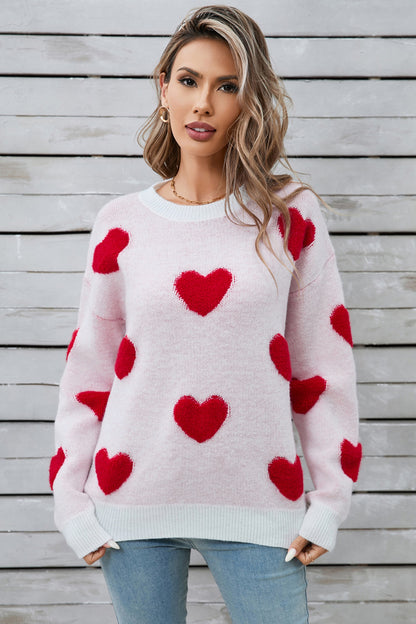 Heart Round Neck Long Sleeve Sweater