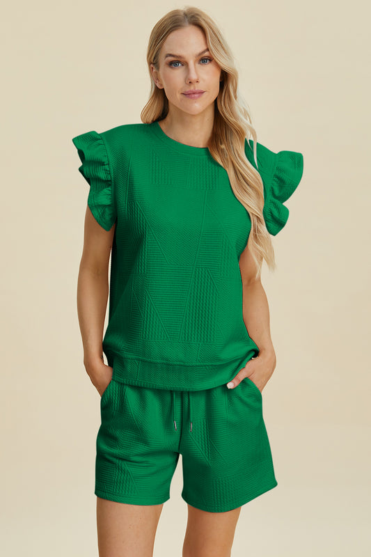 Textured Round Neck Ruffle Sleeve Top and Shorts Set