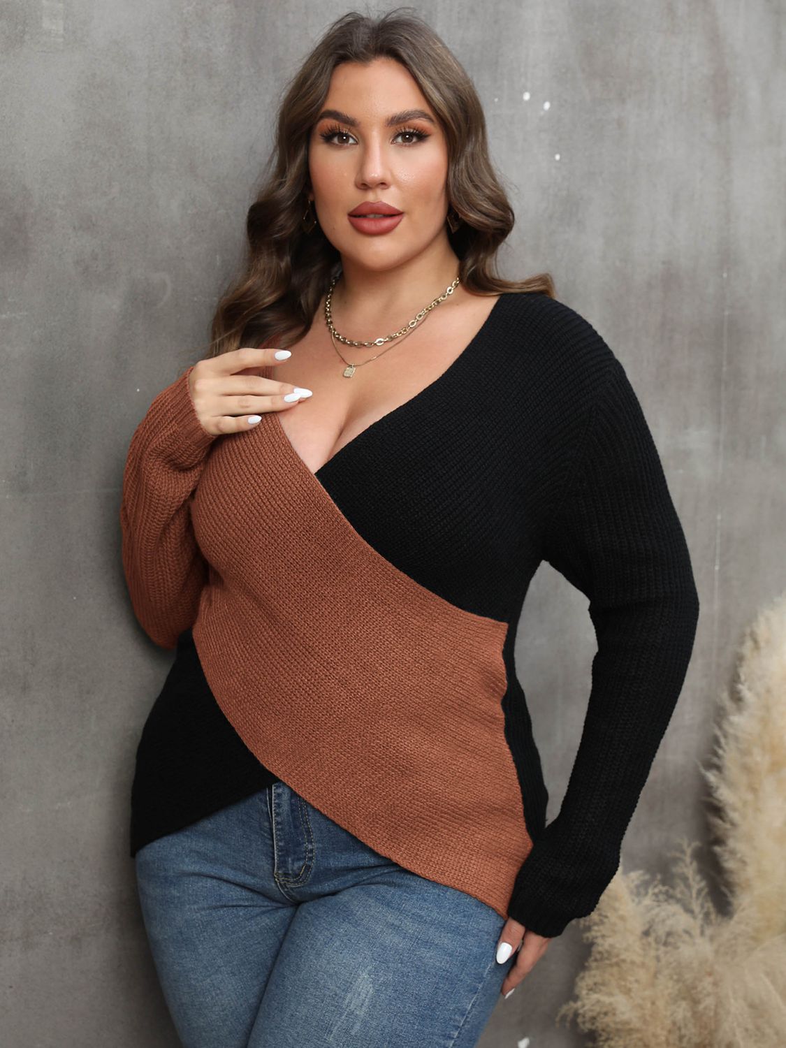 Plus Two-Tone Surplice Neck Sweater