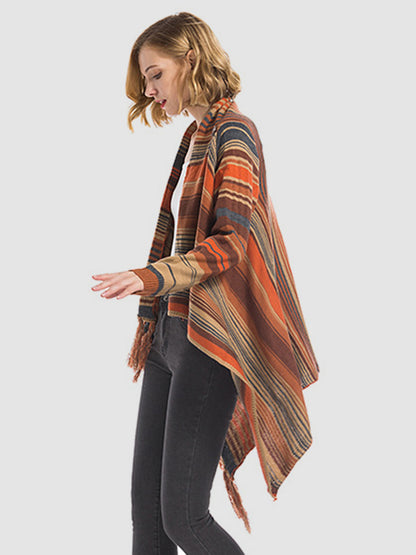 Tassel Striped Open Front Long Sleeve Cardigan