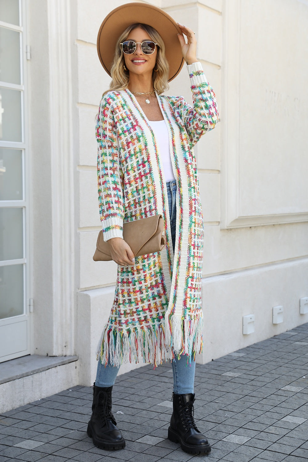 Multicolor Open Front Fringe Hem Cardigan