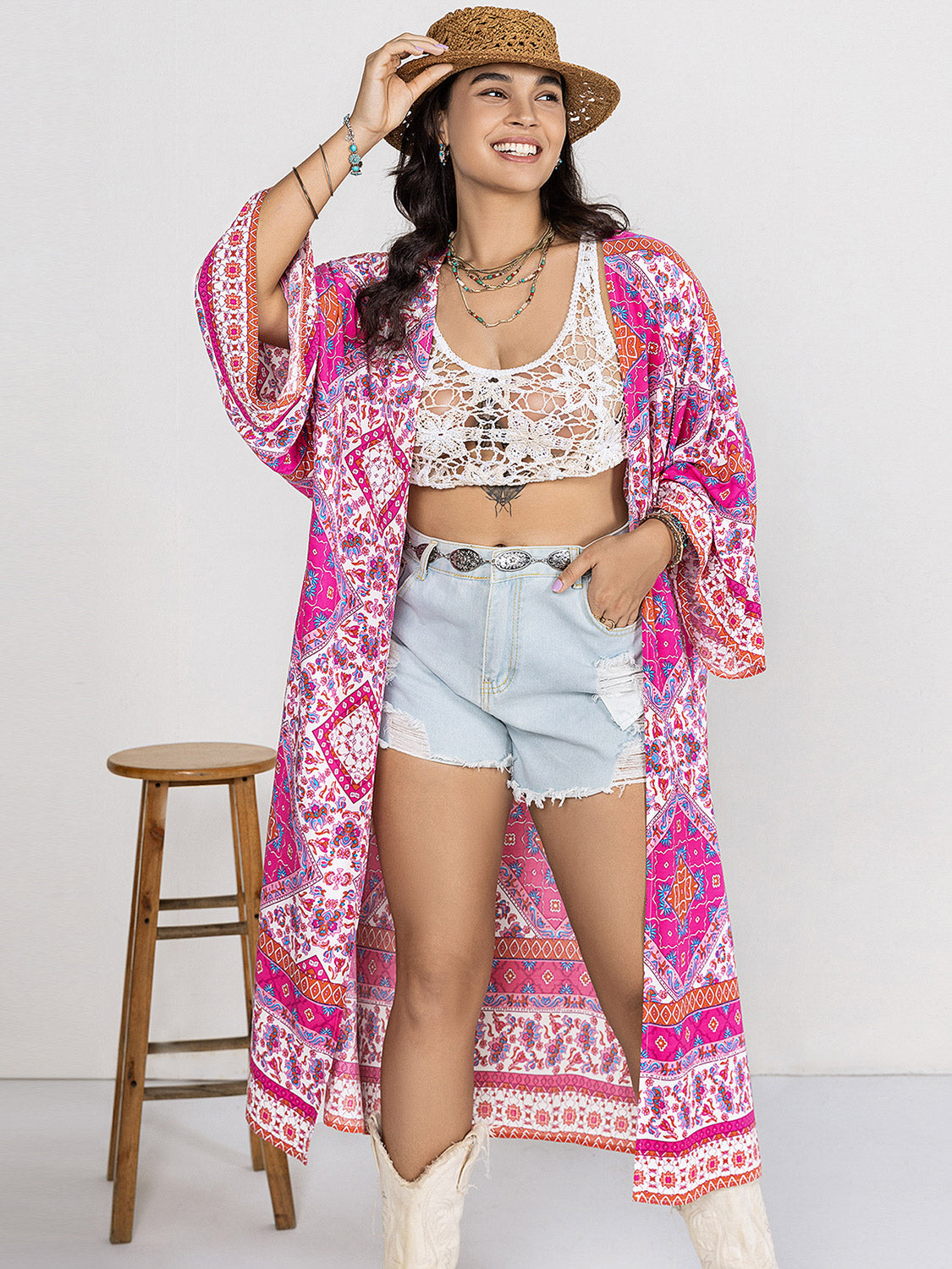 Plus Printed Open Front Longline Cardigan