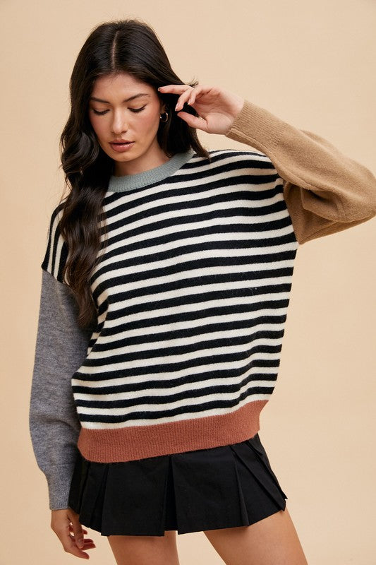 Striped Color Block Round Neck Sweater