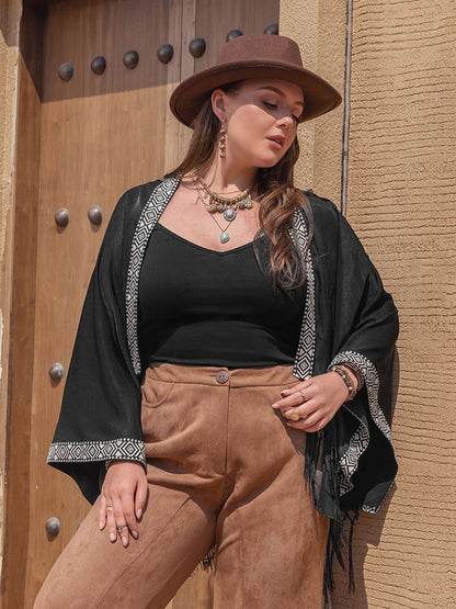 Plus Geometric Open Front Fringe Hem Cardigan
