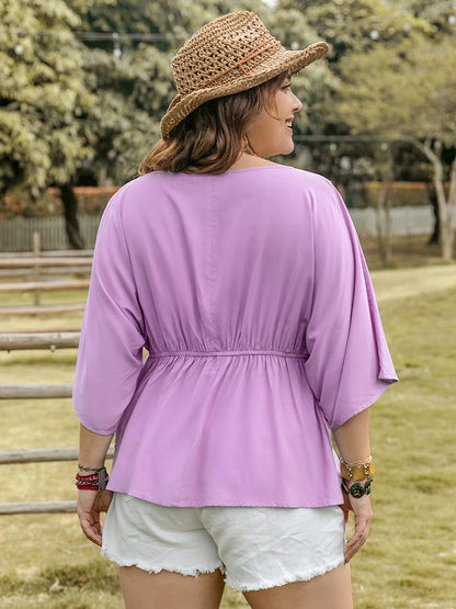 Plus Lace Detail Round Neck Three-Quarter Sleeve Blouse