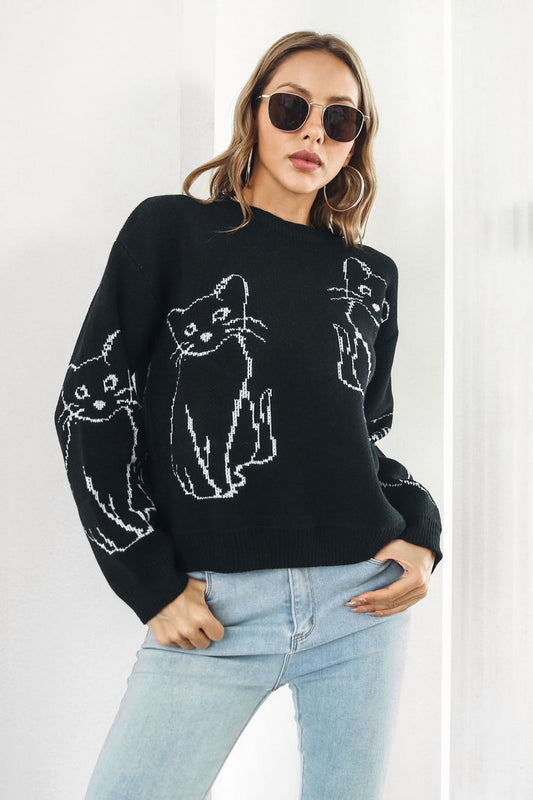 Cat  Round Neck Long Sleeve Pullover Sweater