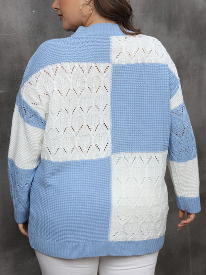 Plus Openwork Color Block Long Sleeve Sweater