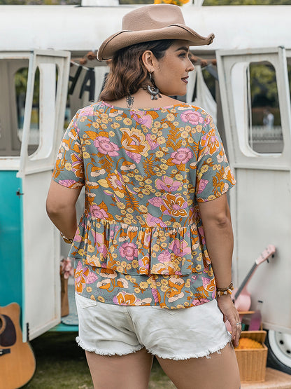 Plus Layered Print Round Neck Short Sleeve Blouse