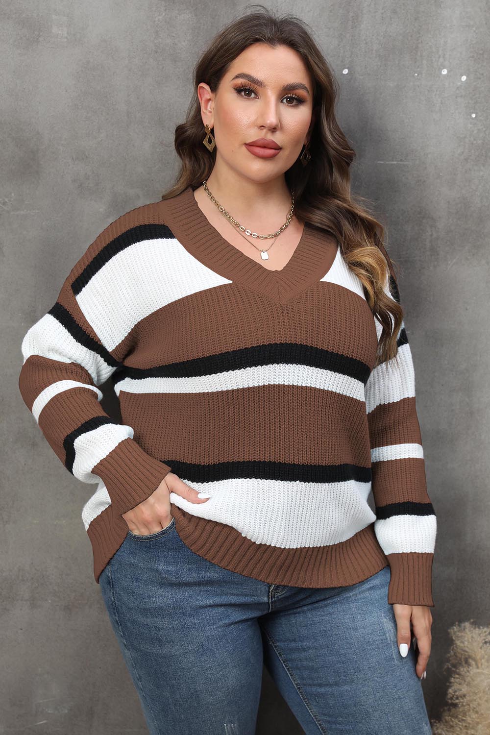 Plus Striped V-Neck Dropped Shoulder Sweater