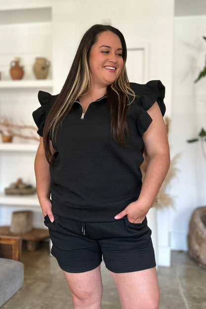 Textured Flounce Sleeve Top and Shorts Set