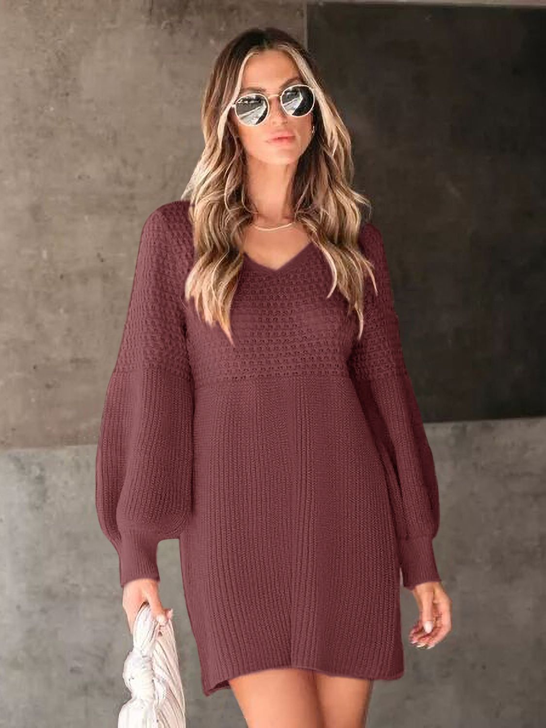 V-Neck Long Sleeve Sweater Dress