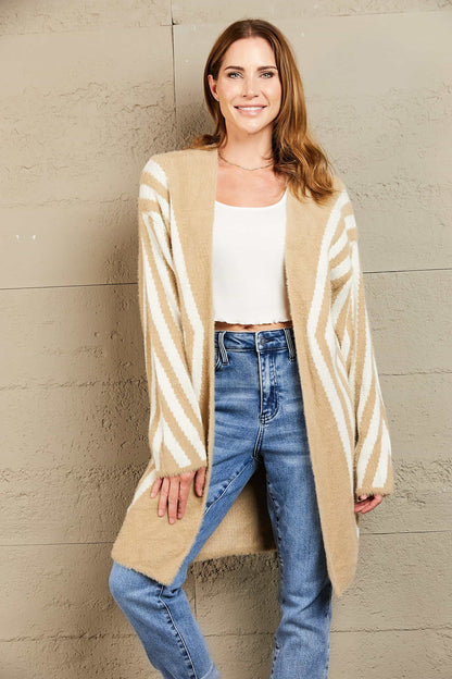 Two-Tone Open Front Fuzzy Longline Cardigan