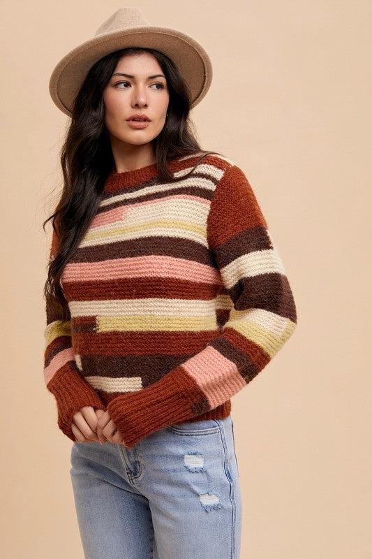 Color Block Round Neck Long Sleeve Sweater