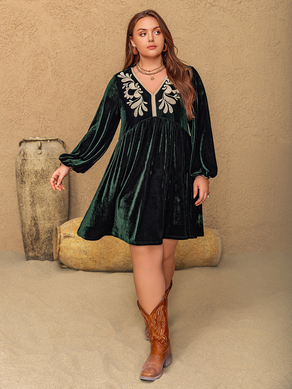 Plus Embroidered V-Neck Long Sleeve Dress