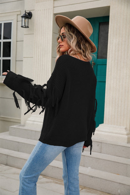 Fringe Round Neck Dropped Shoulder Sweater