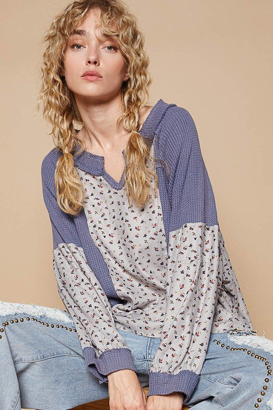 Waffle Knit Floral Notched Long Sleeve Top