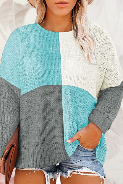 Plus Color Block Round Neck Sweater