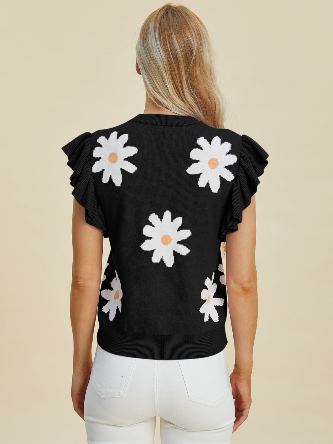 Ruffled Flower Round Neck Cap Sleeve Sweater