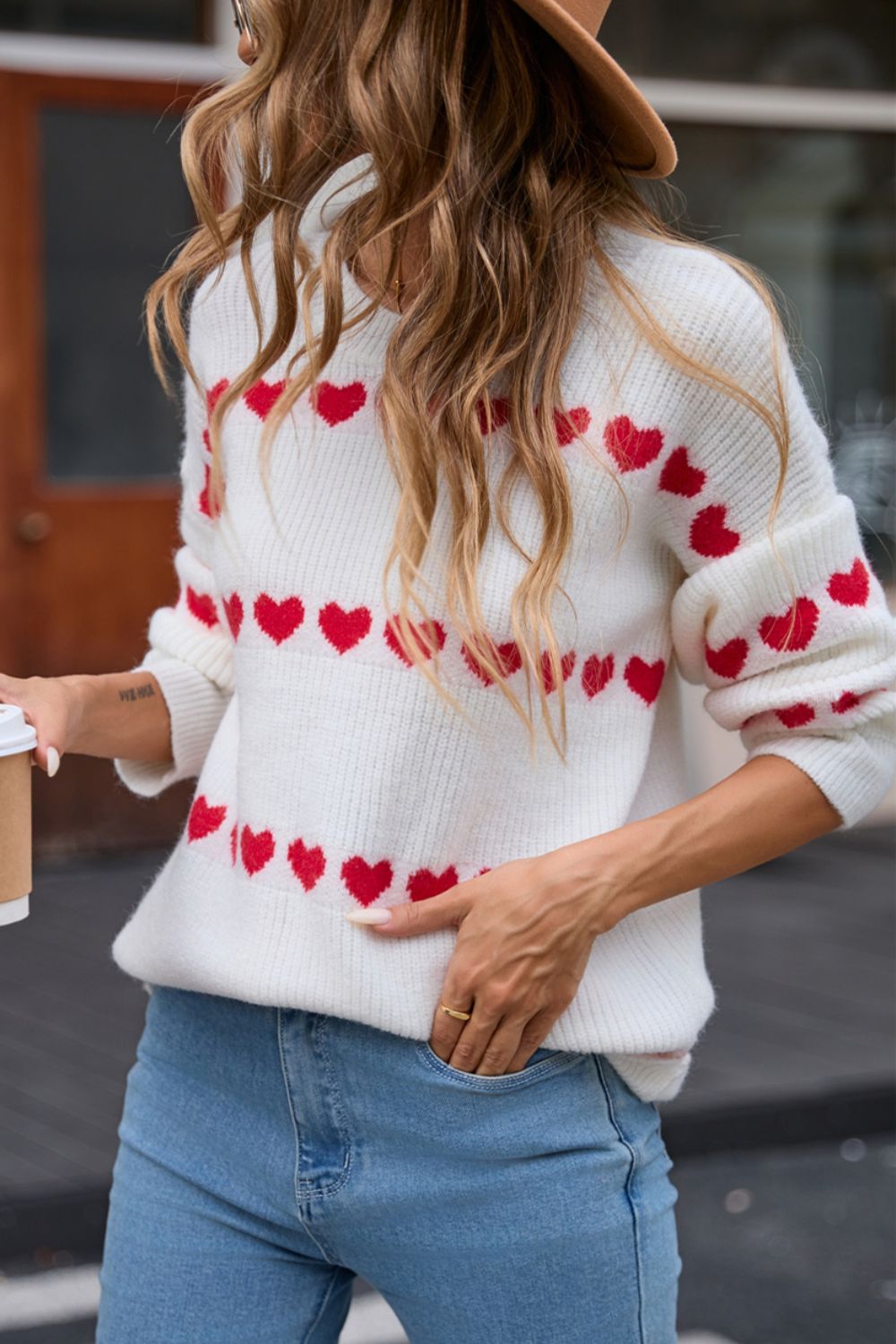 Heart Round Neck Long Sleeve Sweater