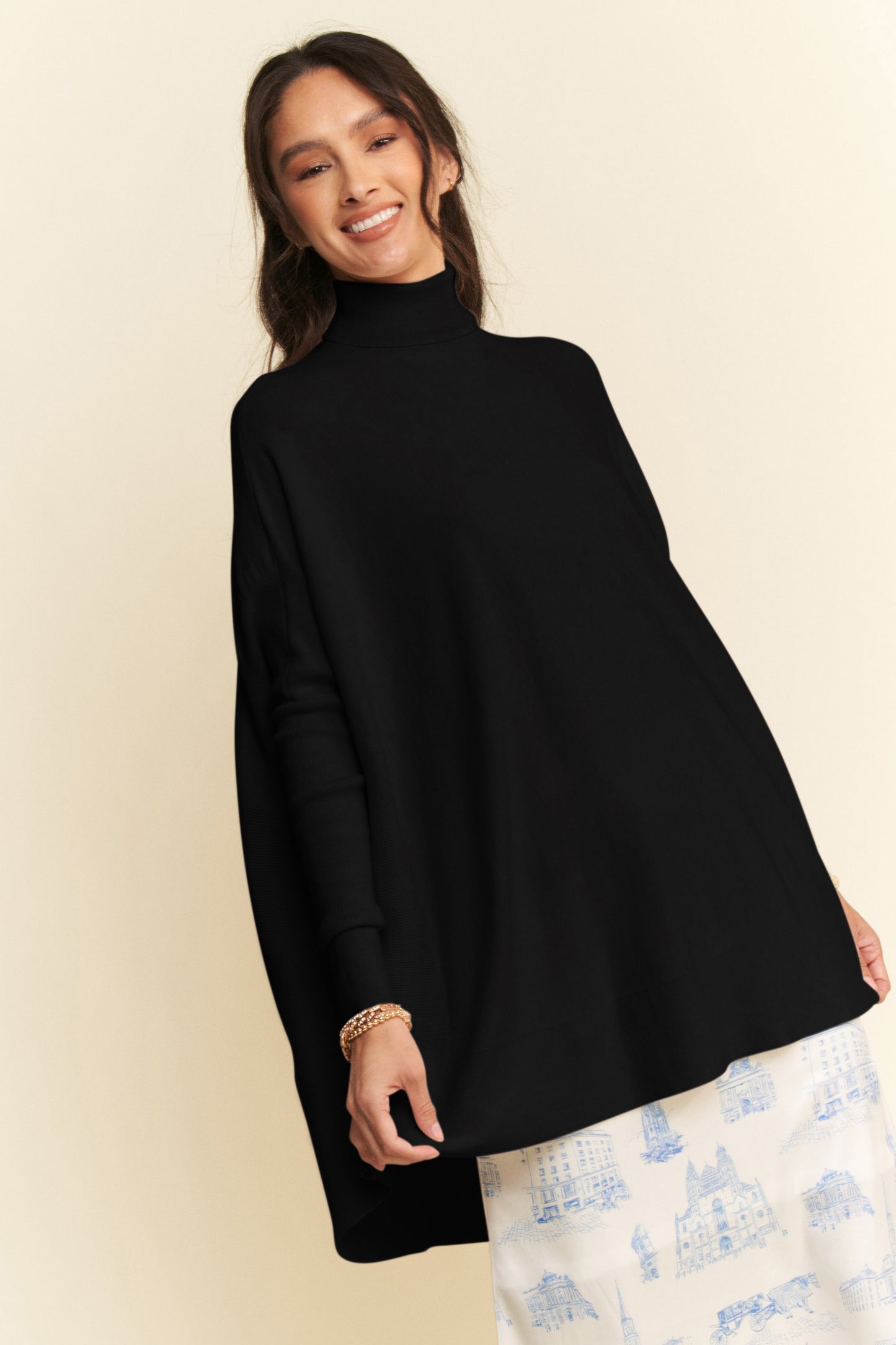 High-Low Turtleneck Long Sleeve Knit Top