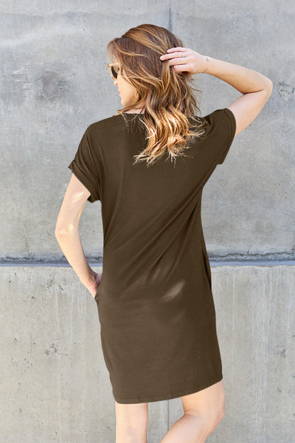 Round Neck Short Sleeve Dress with Pockets