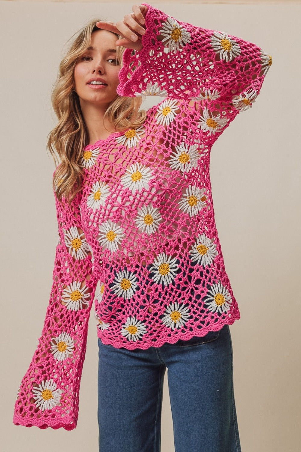 Floral Crochet Net Lace Sweater Cover Up