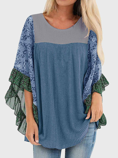 Print Round Neck Three-Quarter Sleeve Blouse
