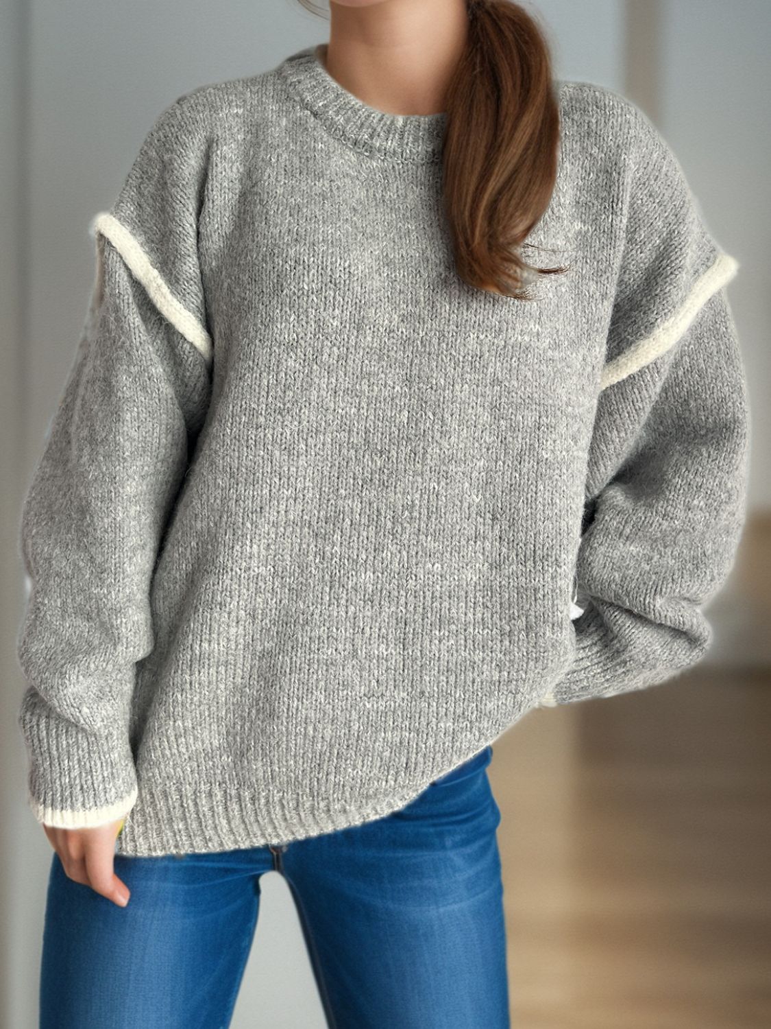 Contrast Trim Round Neck Dropped Shoulder Sweater