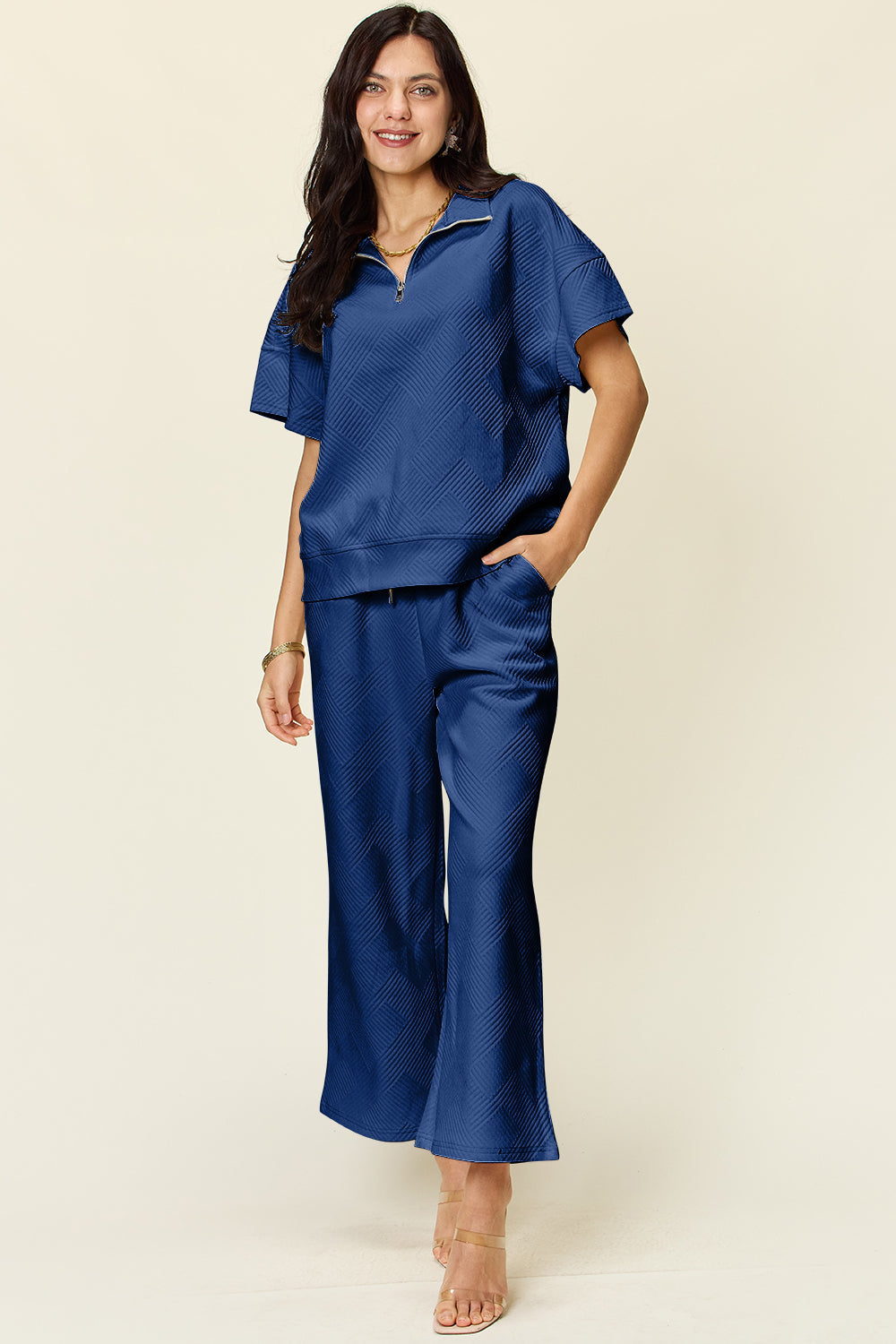 Textured Half Zip Short Sleeve Top and Pants Set