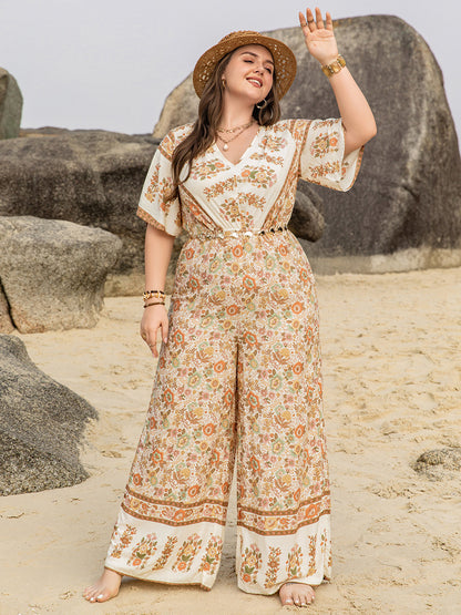 Plus V-Neck Flutter Sleeve Wide Leg Jumpsuit