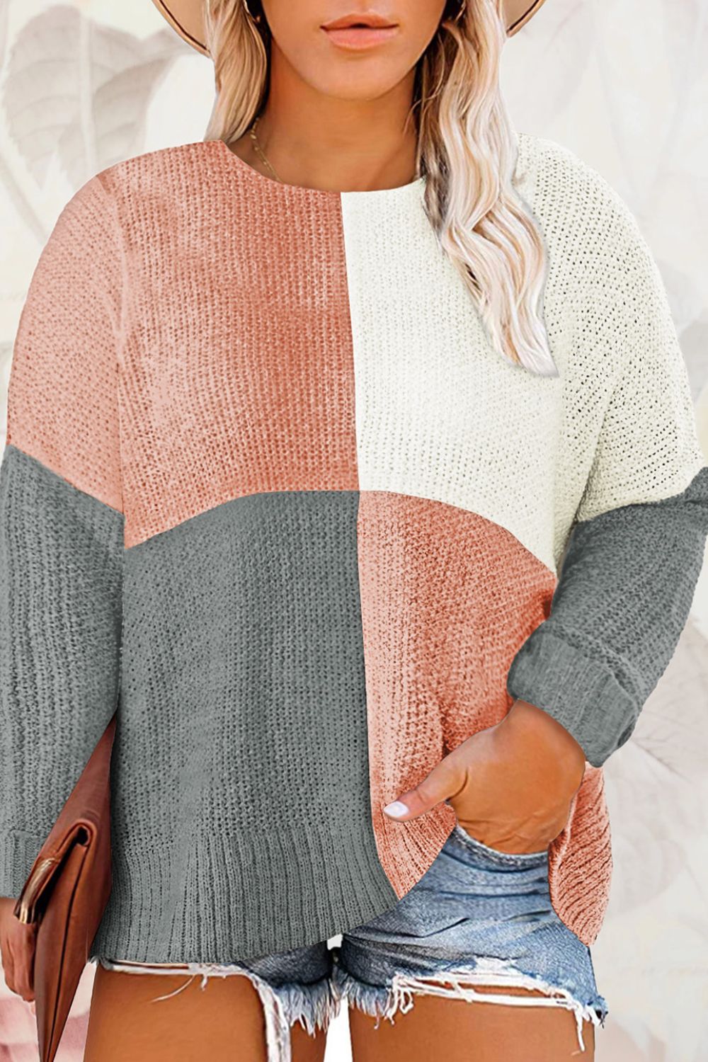 Plus Color Block Round Neck Sweater