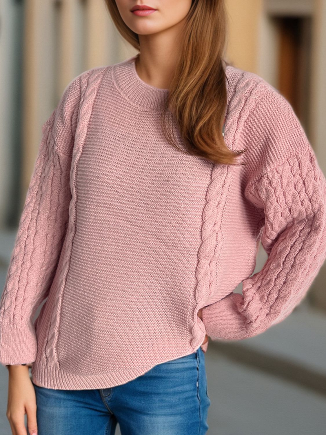 Cable-Knit Round Neck Long Sleeve Sweater